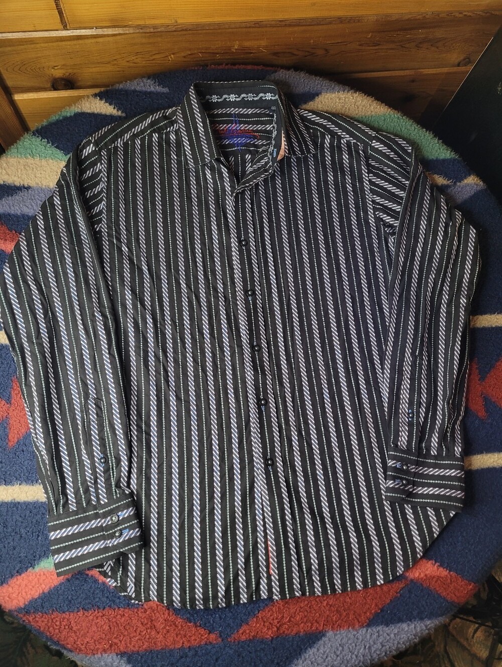 Robert Graham Long Sleeve Shirt Mens Medium Striped Black Flip Cuff Button Up